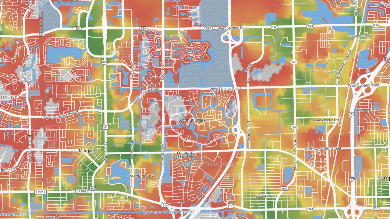 Walk Grade map of 33066, FL, walkable areas in green and car-dependent areas in red