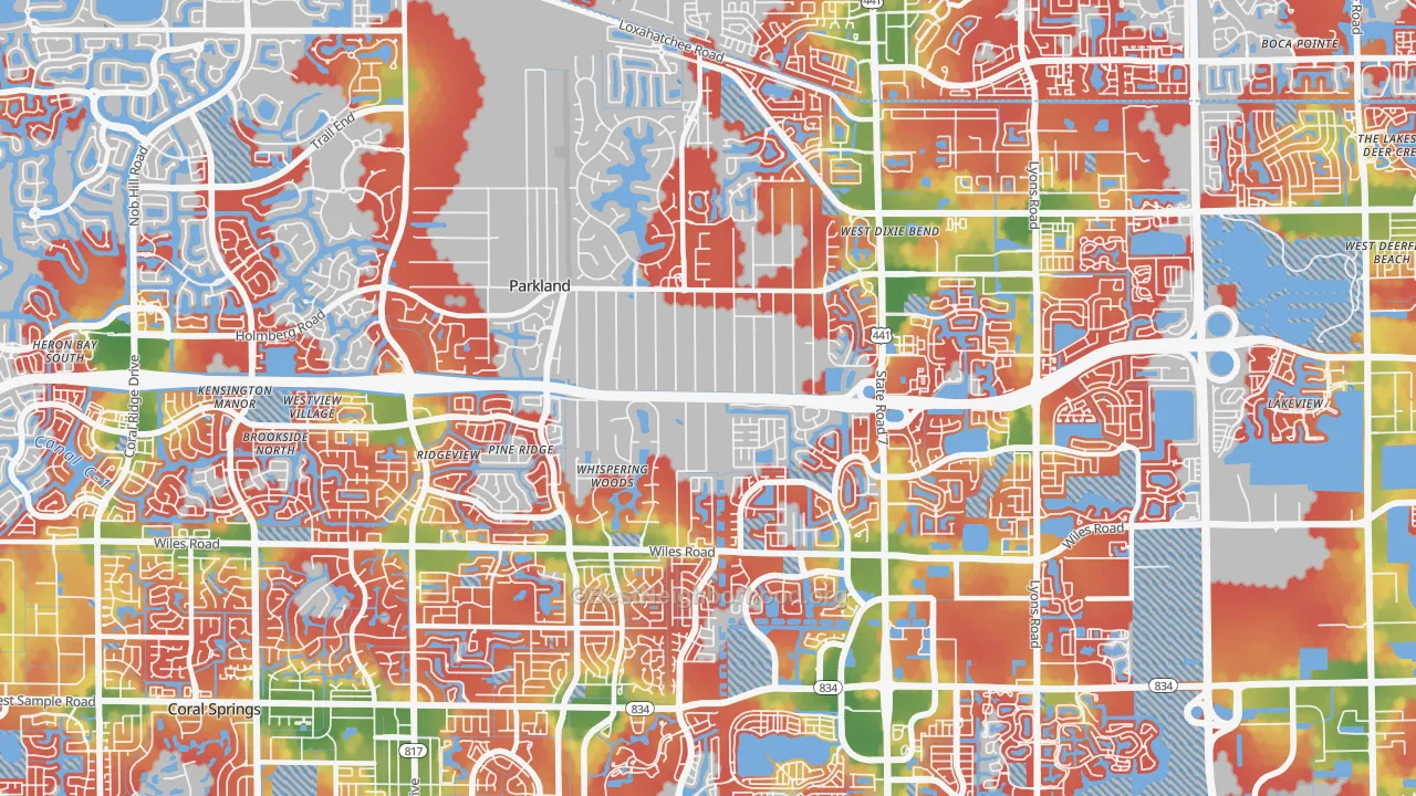 Walk Grade map of 33067, FL, walkable areas in green and car-dependent areas in red