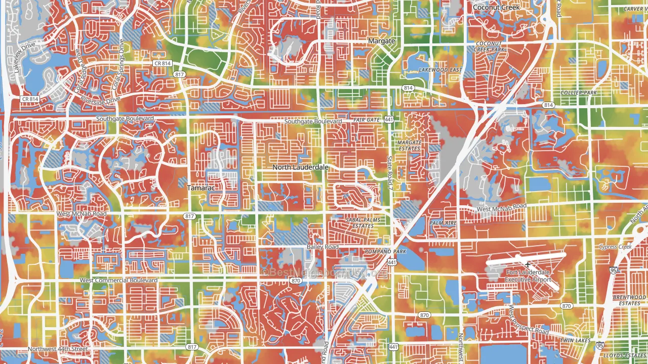 Walk Grade map of 33068, FL, walkable areas in green and car-dependent areas in red