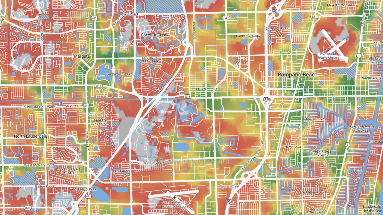 Walk Grade map of 33069, FL, walkable areas in green and car-dependent areas in red