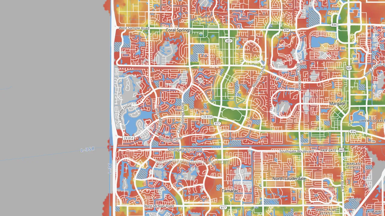 Walk Grade map of 33071, FL, walkable areas in green and car-dependent areas in red
