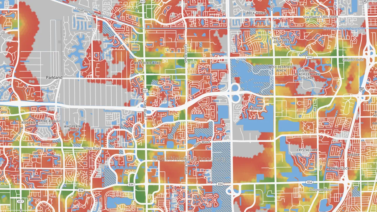 Walk Grade map of 33073, FL, walkable areas in green and car-dependent areas in red