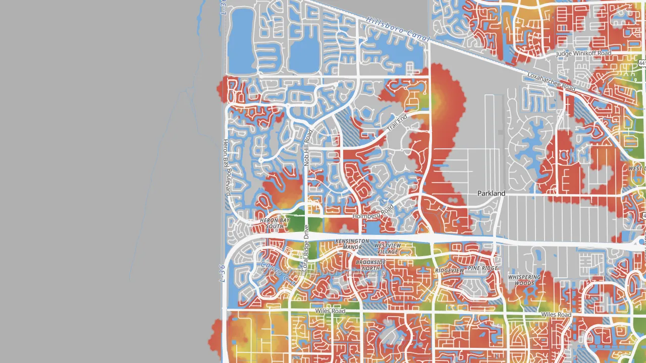 Walk Grade map of 33076, FL, walkable areas in green and car-dependent areas in red