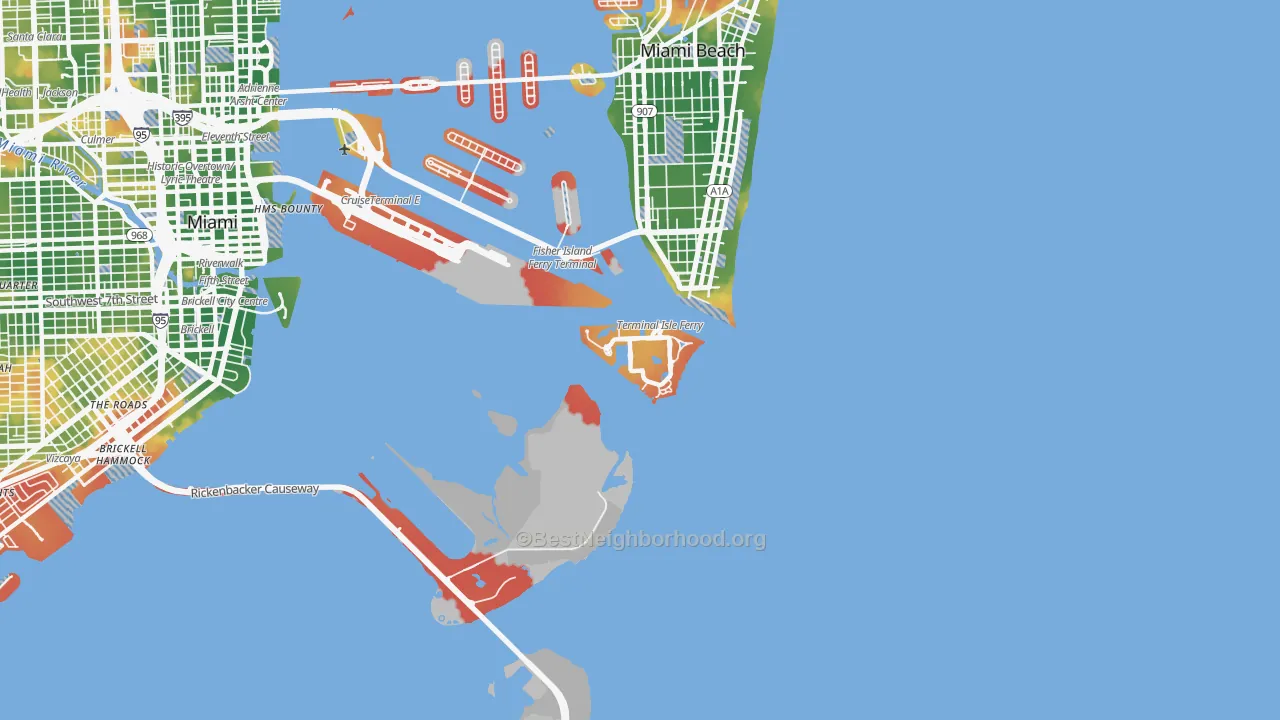 Walk Grade map of 33109, FL, walkable areas in green and car-dependent areas in red