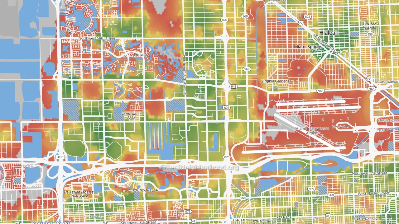 Walk Grade map of 33122, FL, walkable areas in green and car-dependent areas in red