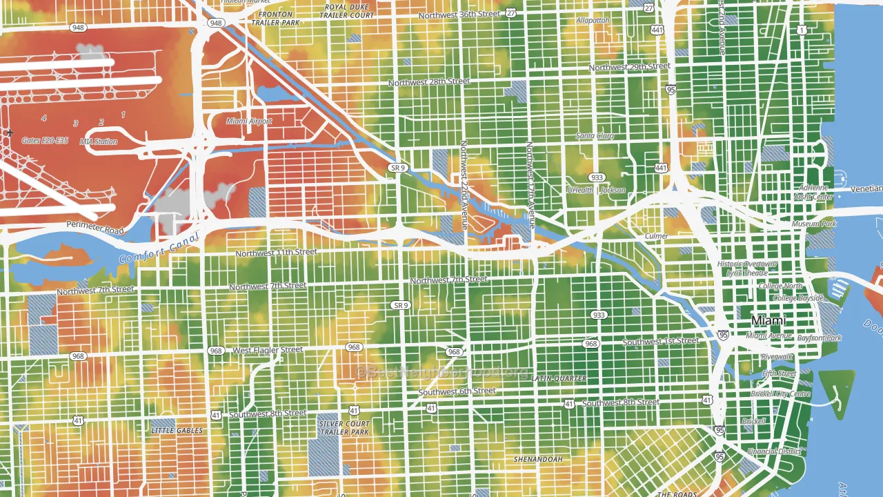 Walk Grade map of 33125, FL, walkable areas in green and car-dependent areas in red