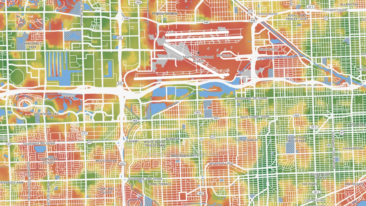 Walk Grade map of 33126, FL, walkable areas in green and car-dependent areas in red