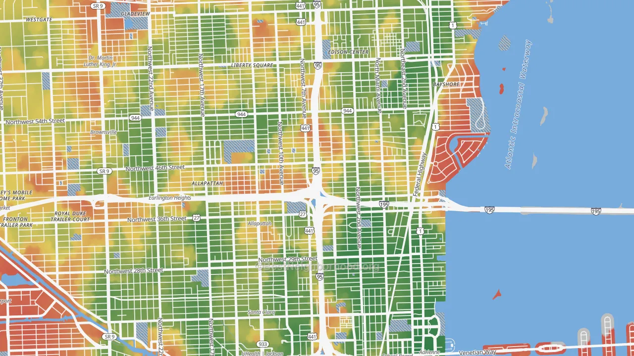 Walk Grade map of 33127, FL, walkable areas in green and car-dependent areas in red