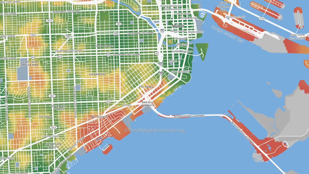 Walk Grade map of 33129, FL, walkable areas in green and car-dependent areas in red