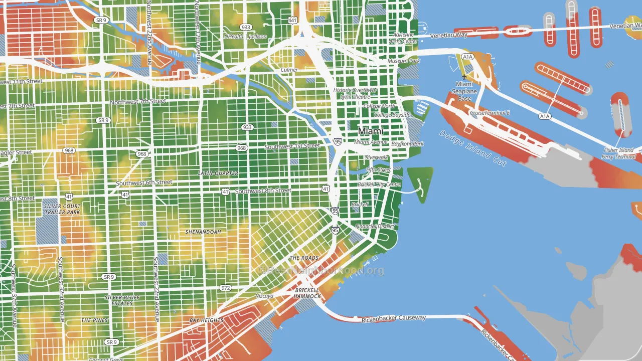 Walk Grade map of 33130, FL, walkable areas in green and car-dependent areas in red