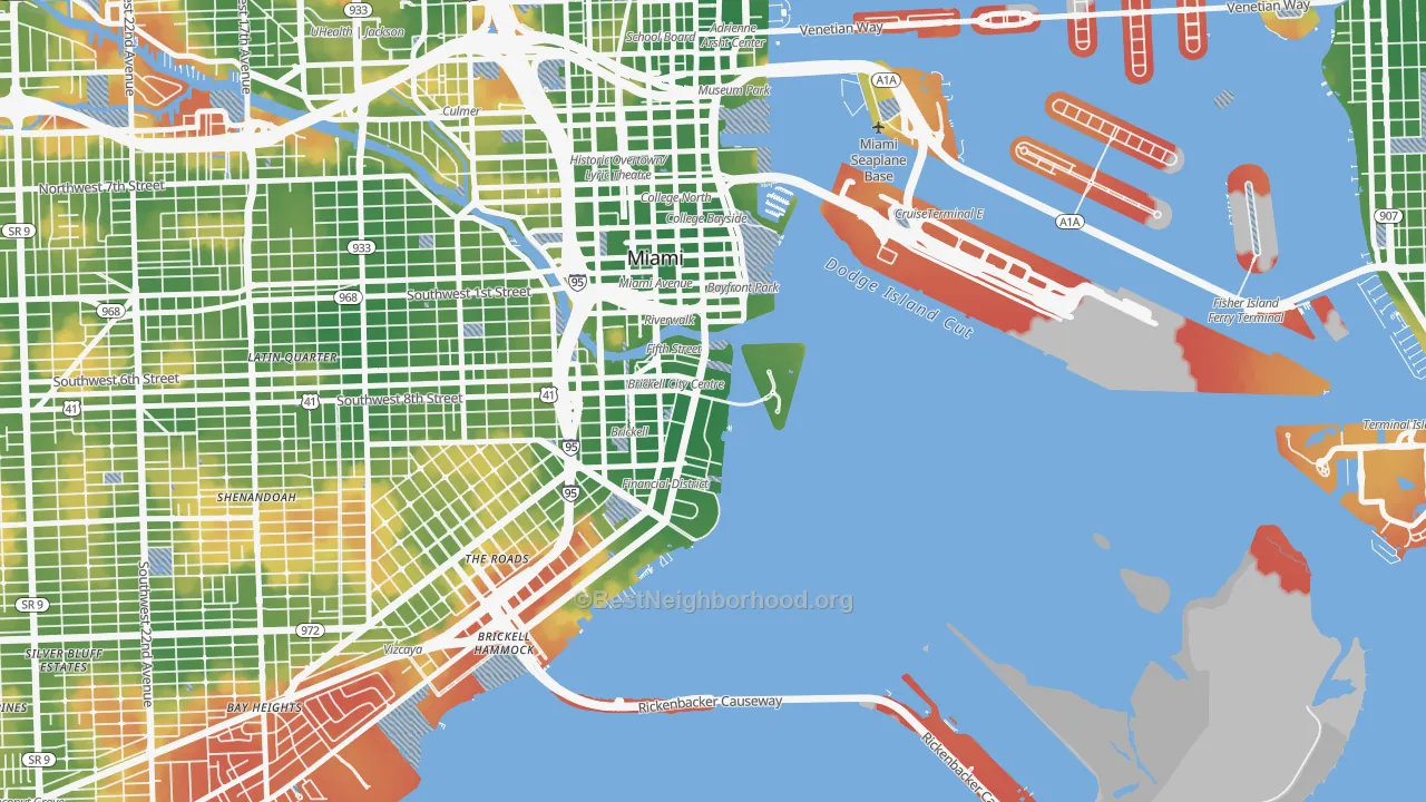 Walk Grade map of 33131, FL, walkable areas in green and car-dependent areas in red