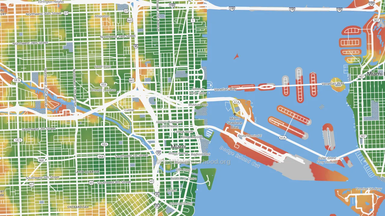 Walk Grade map of 33132, FL, walkable areas in green and car-dependent areas in red