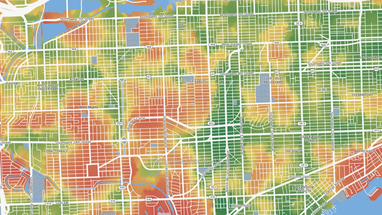 Walk Grade map of 33134, FL, walkable areas in green and car-dependent areas in red