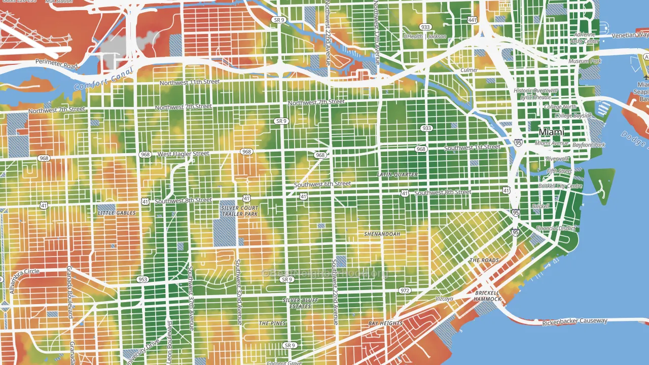 Walk Grade map of 33135, FL, walkable areas in green and car-dependent areas in red