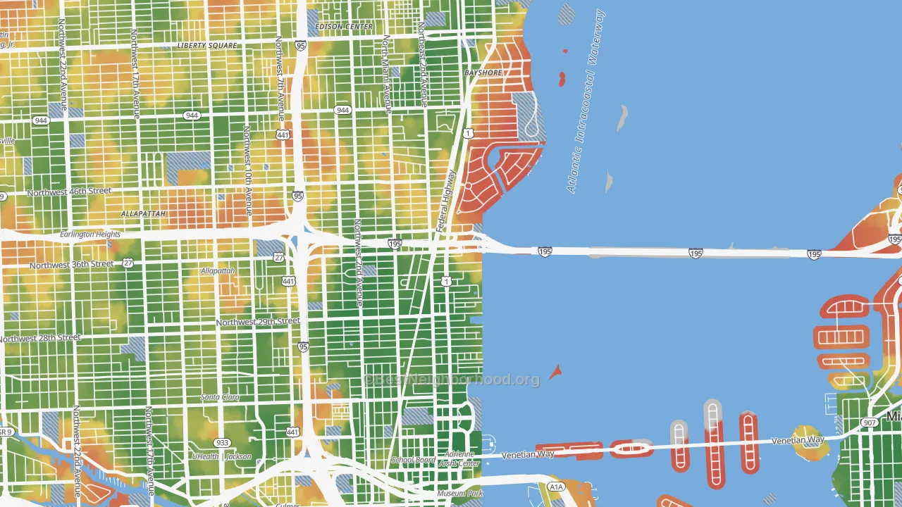 Walk Grade map of 33137, FL, walkable areas in green and car-dependent areas in red