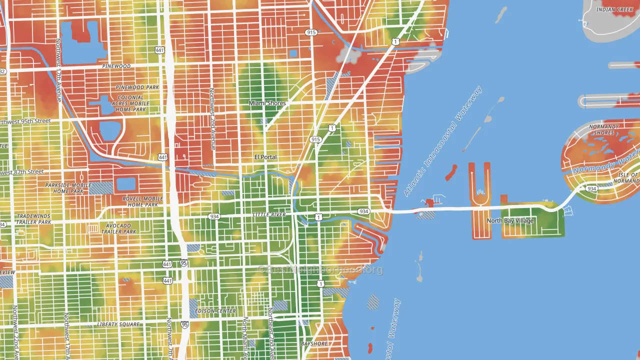 Walk Grade map of 33138, FL, walkable areas in green and car-dependent areas in red
