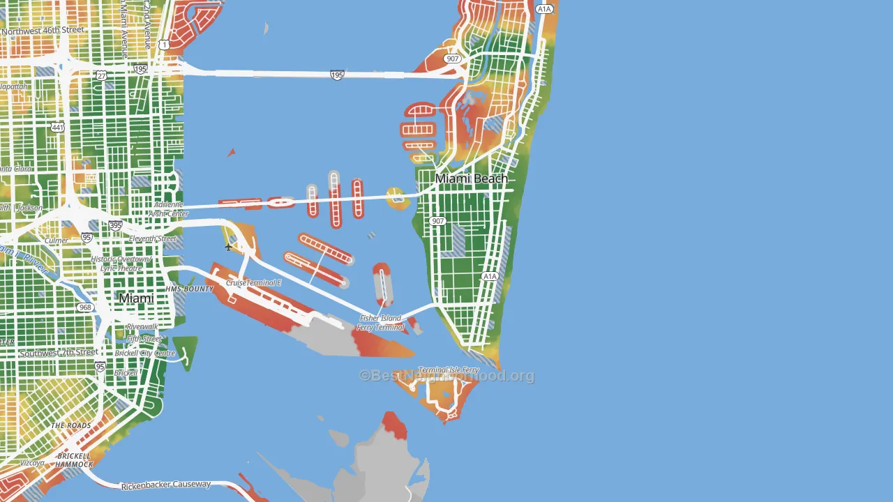 Walk Grade map of 33139, FL, walkable areas in green and car-dependent areas in red