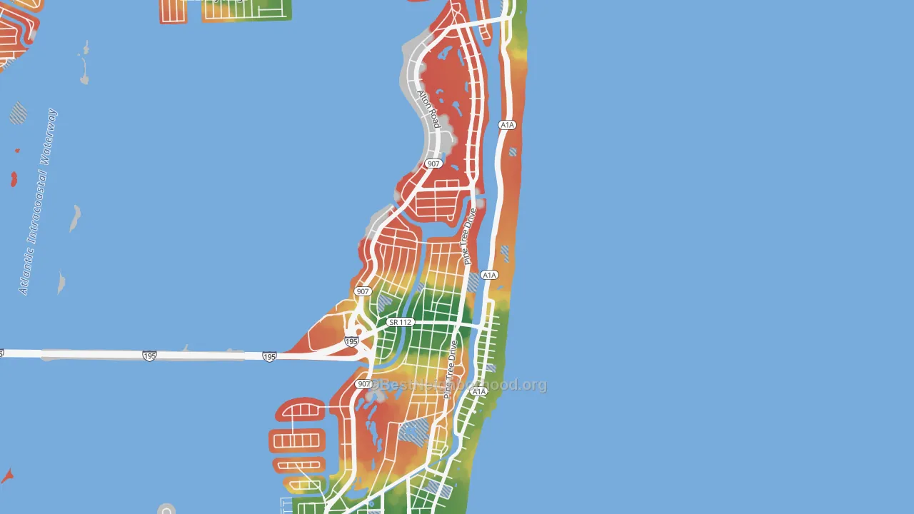 Walk Grade map of 33140, FL, walkable areas in green and car-dependent areas in red
