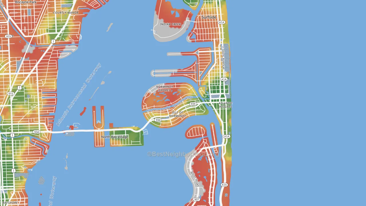 Walk Grade map of 33141, FL, walkable areas in green and car-dependent areas in red