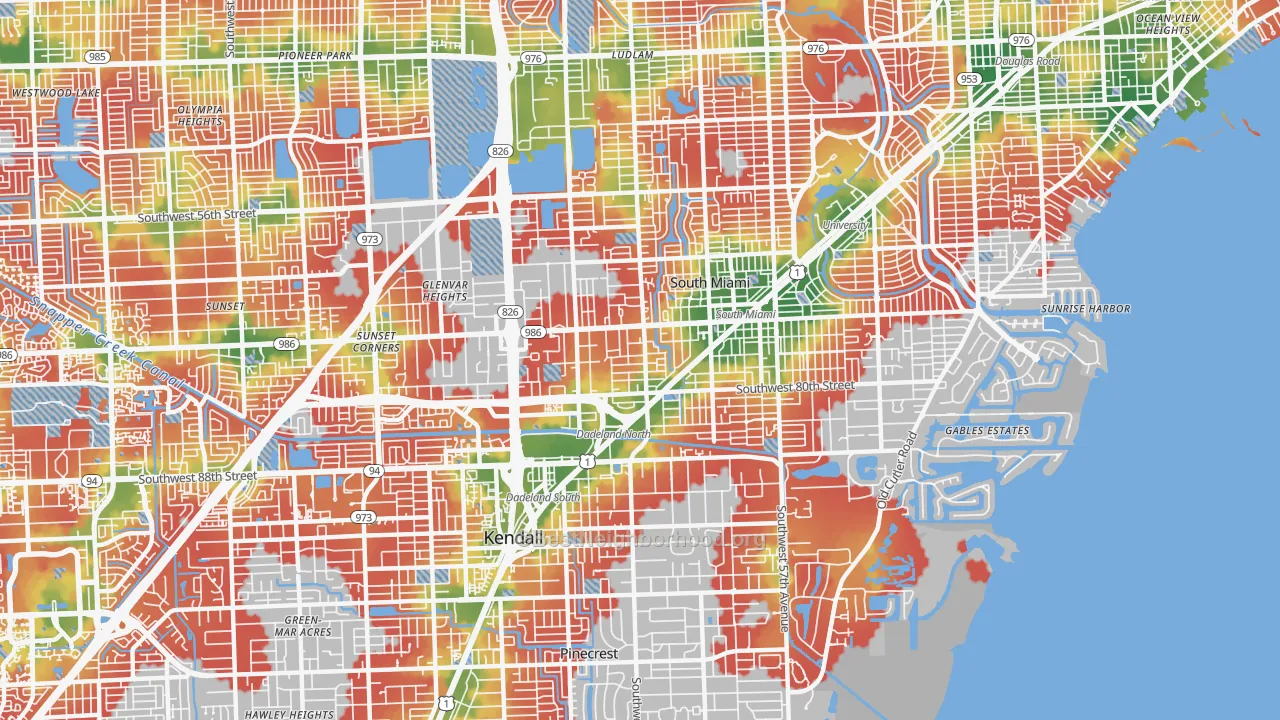 Walk Grade map of 33143, FL, walkable areas in green and car-dependent areas in red