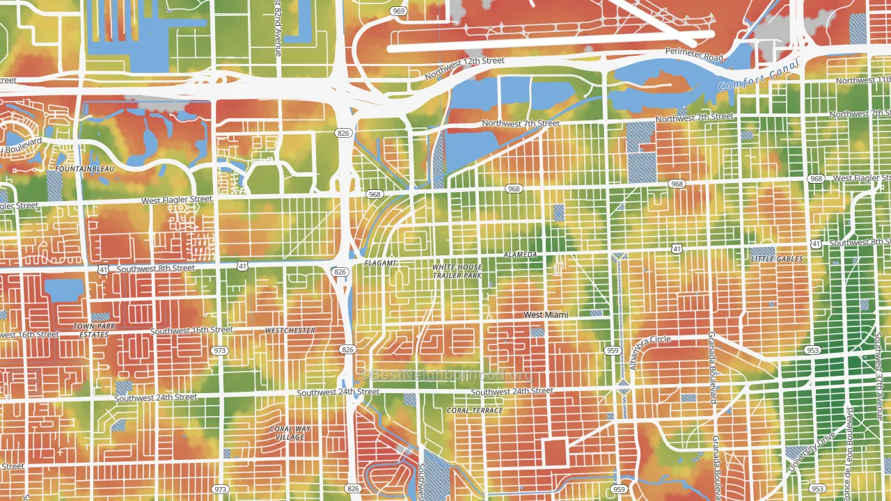 Walk Grade map of 33144, FL, walkable areas in green and car-dependent areas in red