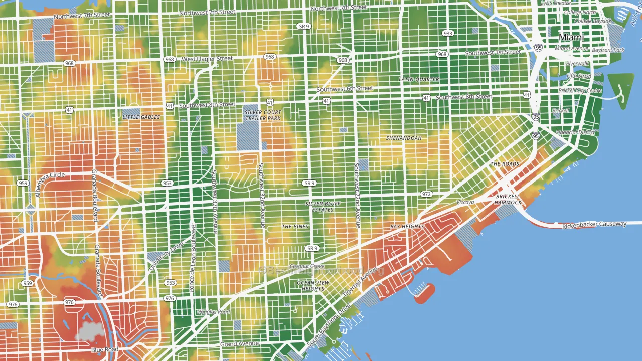 Walk Grade map of 33145, FL, walkable areas in green and car-dependent areas in red