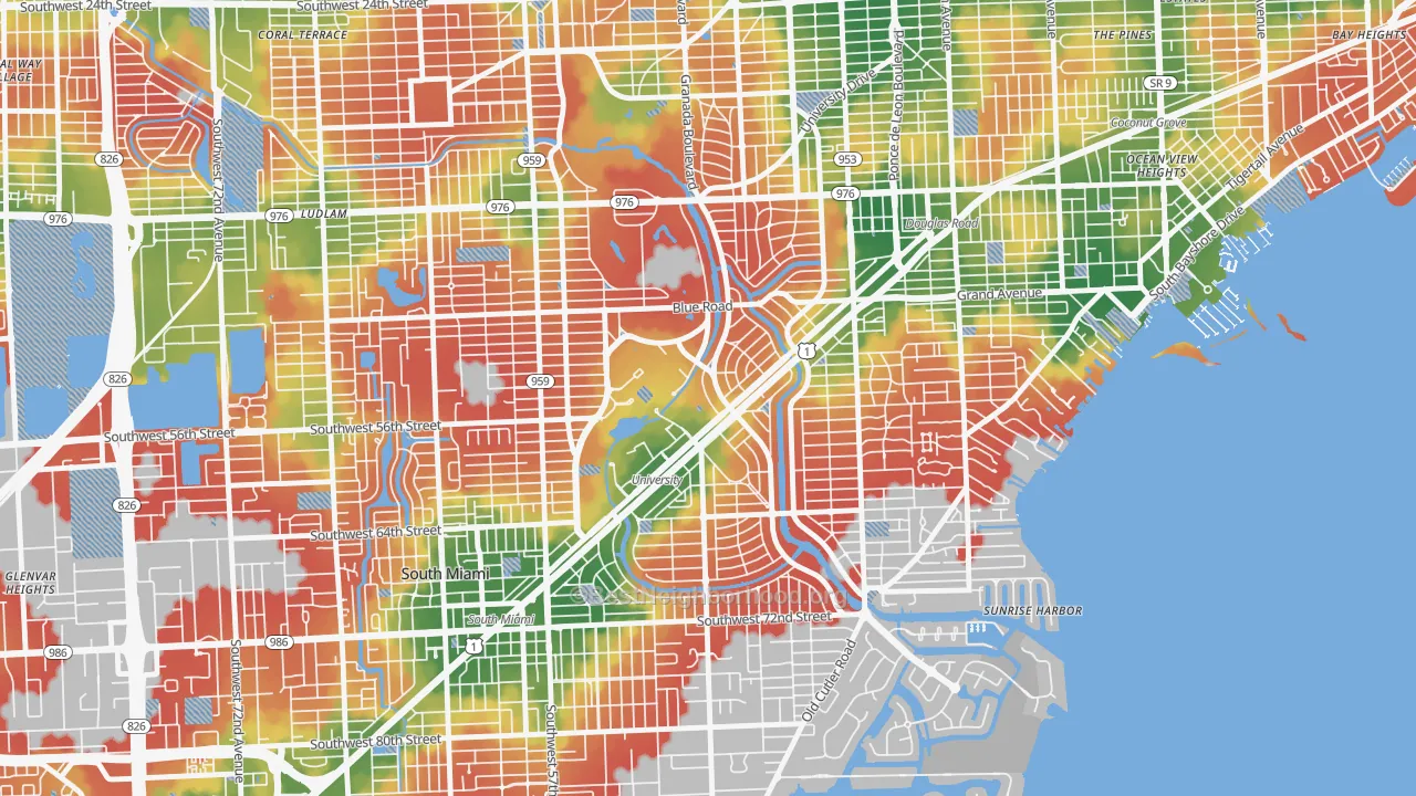 Walk Grade map of 33146, FL, walkable areas in green and car-dependent areas in red