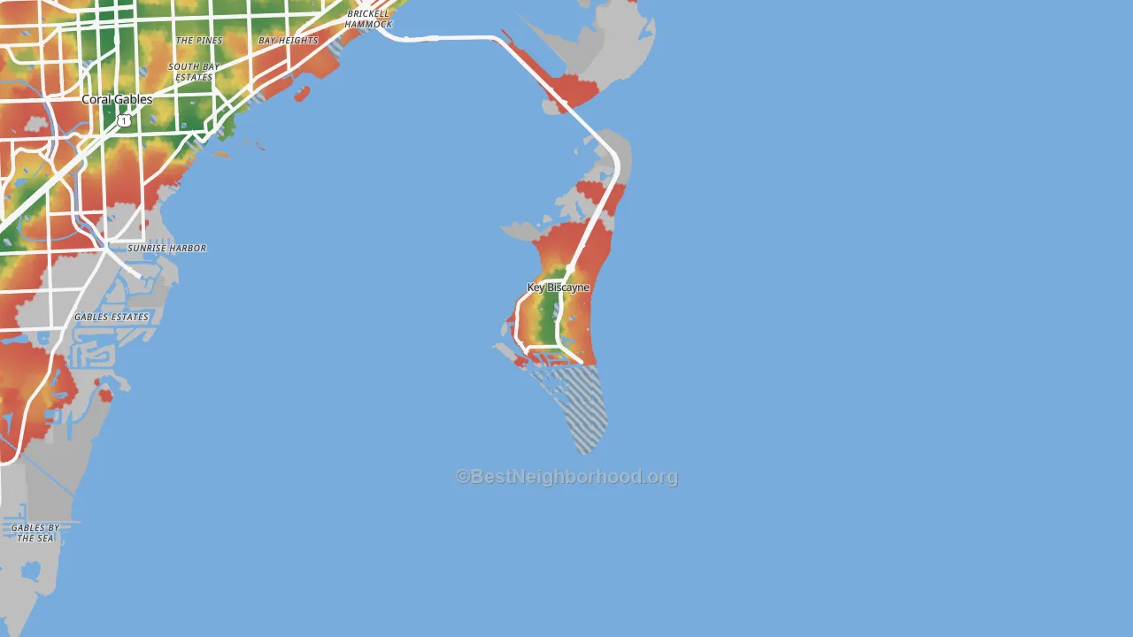 Walk Grade map of 33149, FL, walkable areas in green and car-dependent areas in red
