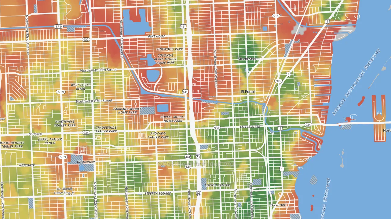 Walk Grade map of 33150, FL, walkable areas in green and car-dependent areas in red