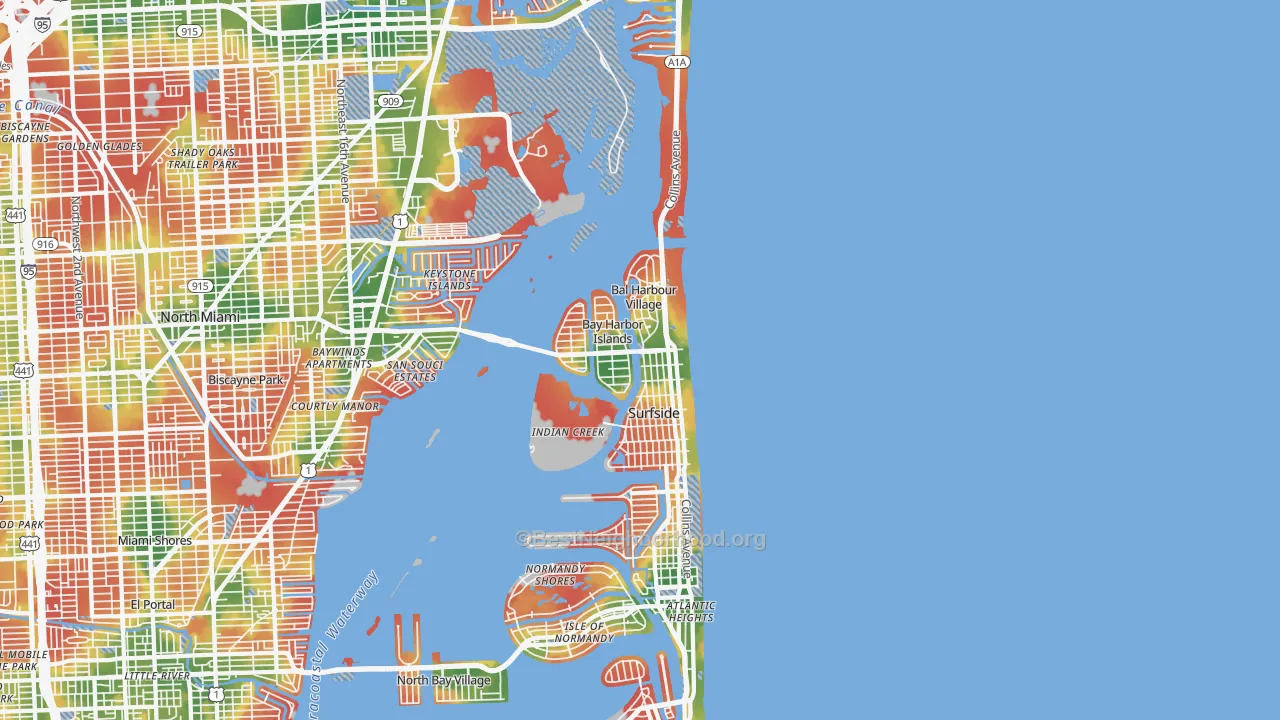 Walk Grade map of 33154, FL, walkable areas in green and car-dependent areas in red