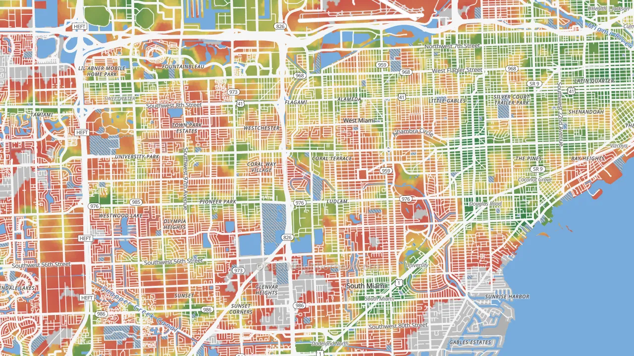 Walk Grade map of 33155, FL, walkable areas in green and car-dependent areas in red