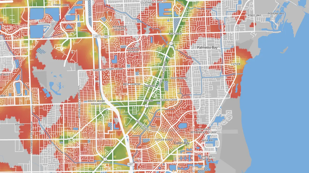 Walk Grade map of 33157, FL, walkable areas in green and car-dependent areas in red
