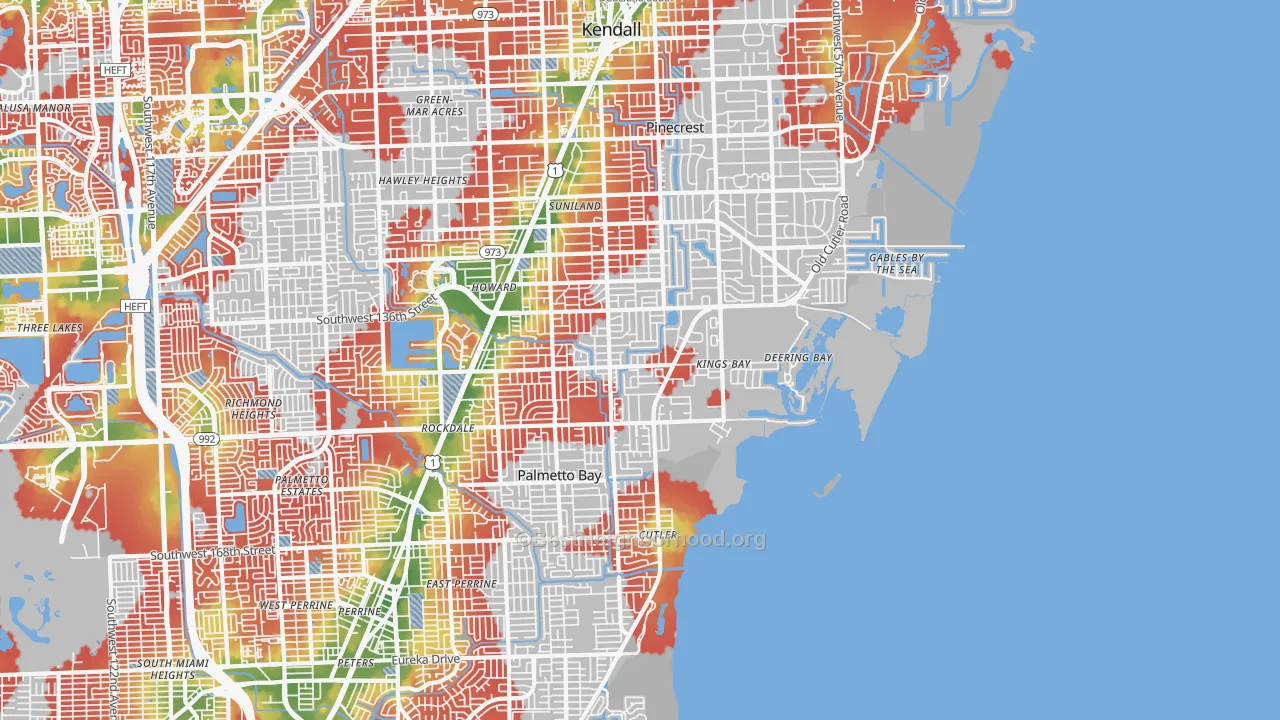 Walk Grade map of 33158, FL, walkable areas in green and car-dependent areas in red