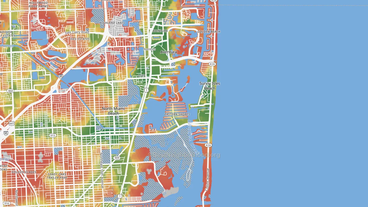 Walk Grade map of 33160, FL, walkable areas in green and car-dependent areas in red