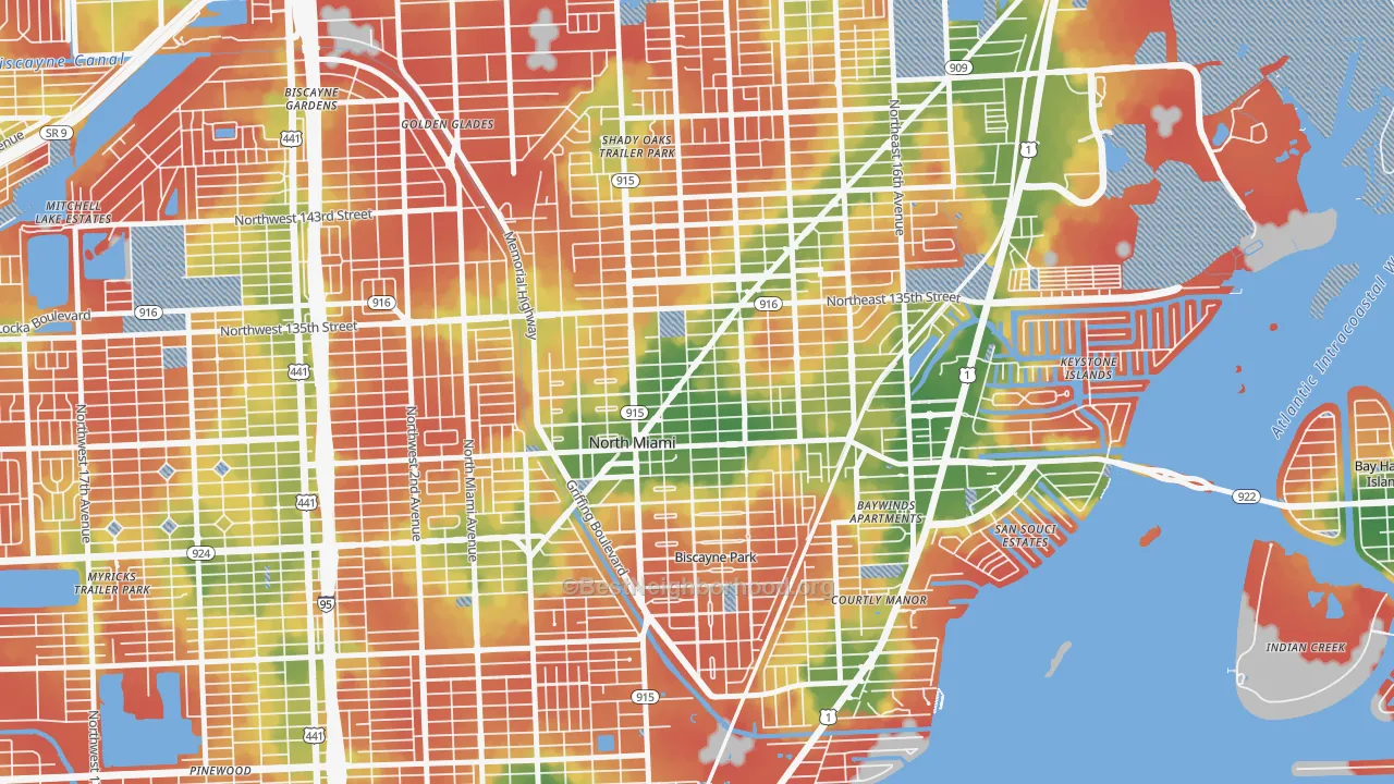 Walk Grade map of 33161, FL, walkable areas in green and car-dependent areas in red