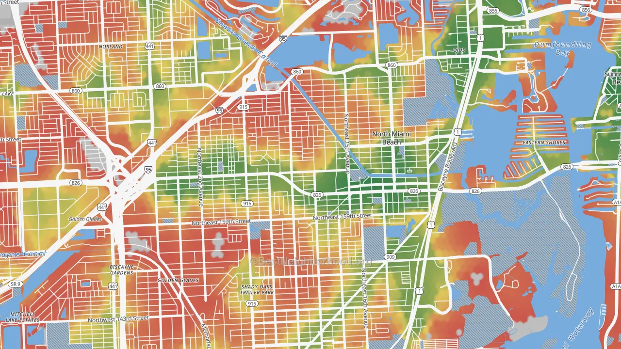 Walk Grade map of 33162, FL, walkable areas in green and car-dependent areas in red