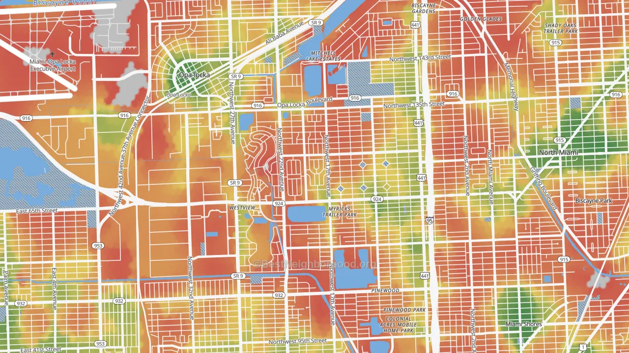 Walk Grade map of 33167, FL, walkable areas in green and car-dependent areas in red