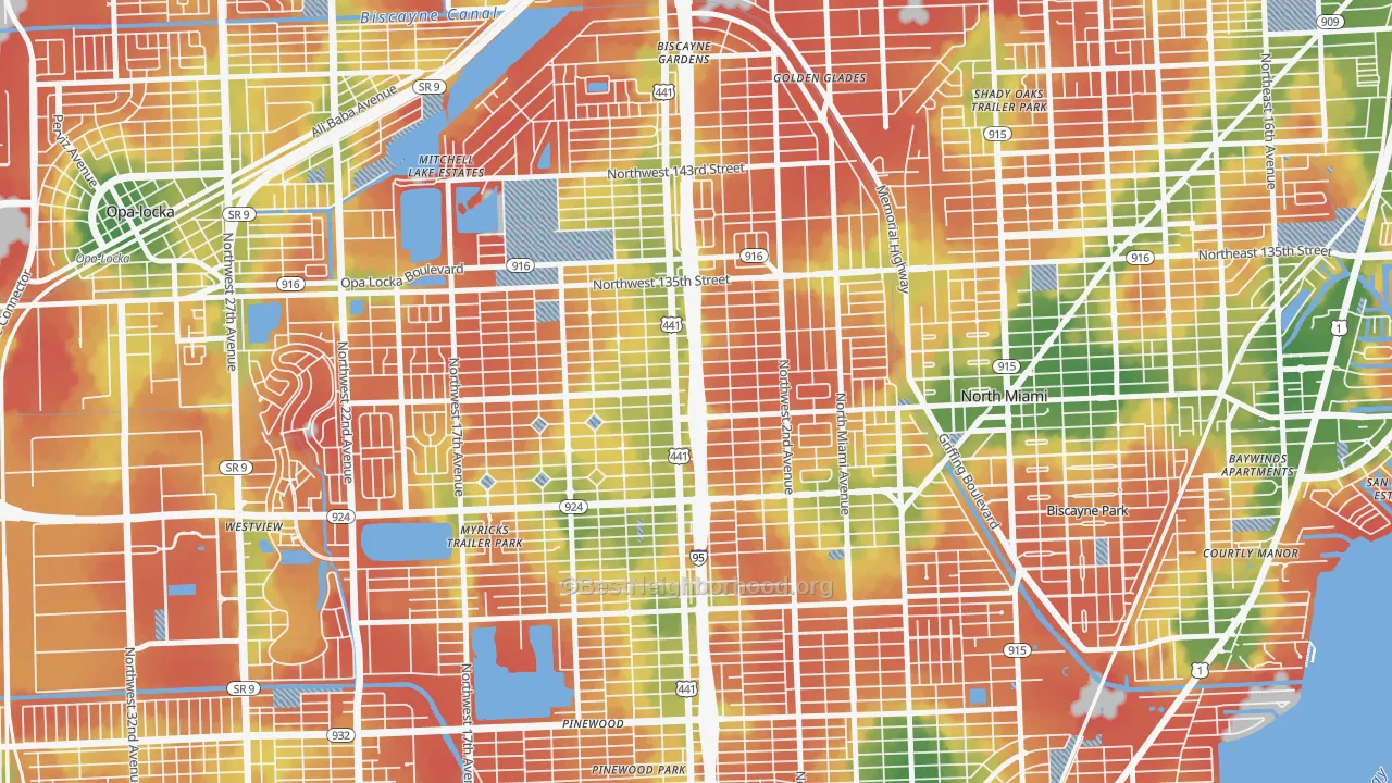 Walk Grade map of 33168, FL, walkable areas in green and car-dependent areas in red