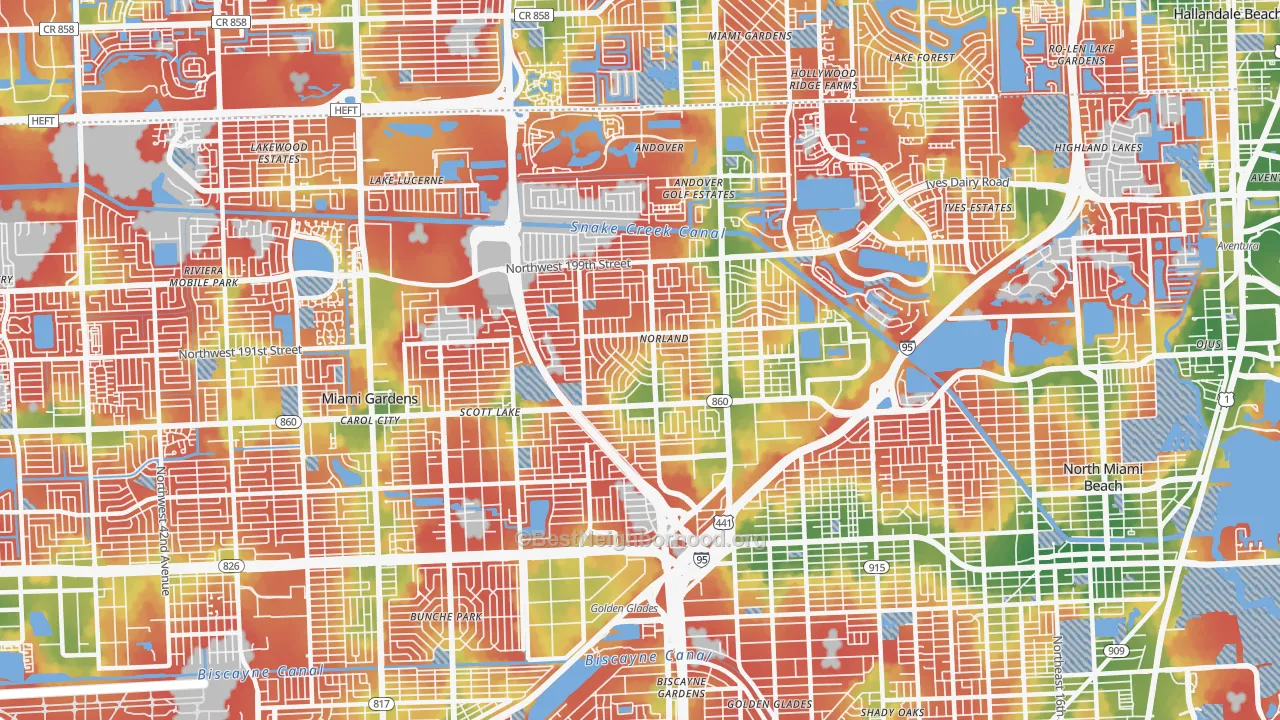 Walk Grade map of 33169, FL, walkable areas in green and car-dependent areas in red