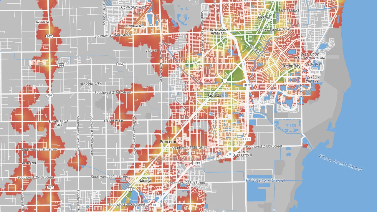 Walk Grade map of 33170, FL, walkable areas in green and car-dependent areas in red