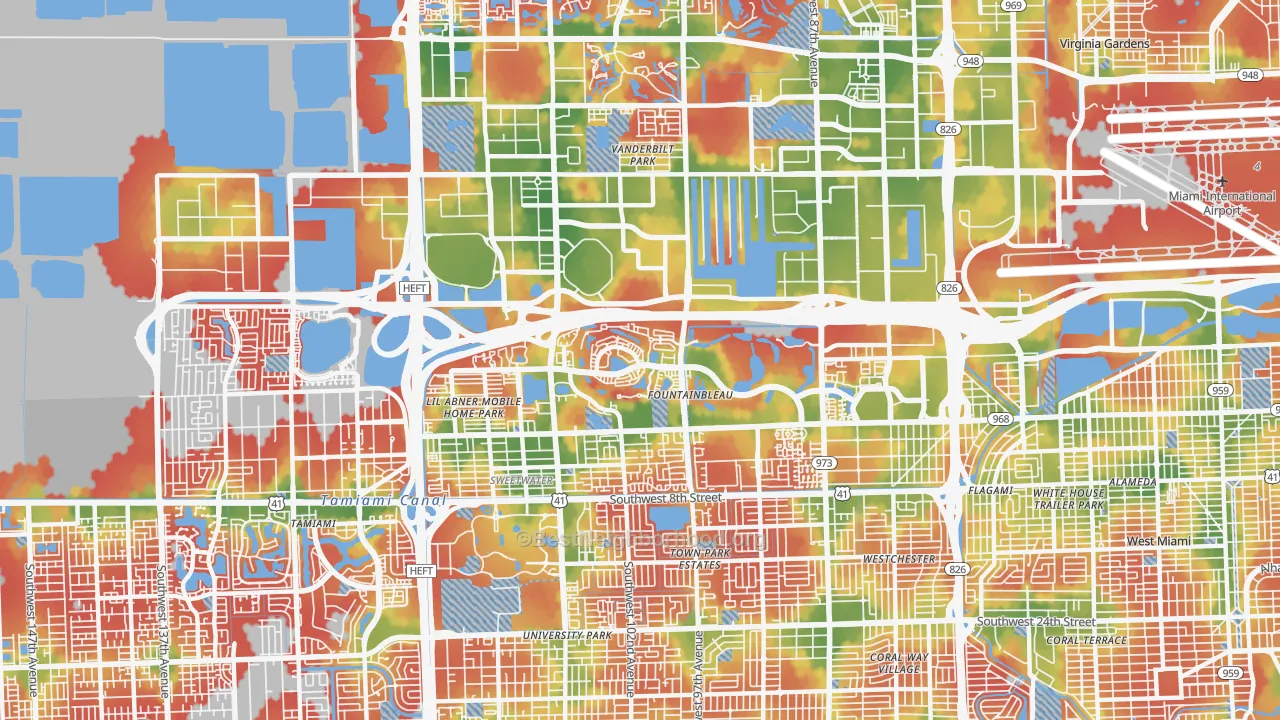 Walk Grade map of 33172, FL, walkable areas in green and car-dependent areas in red