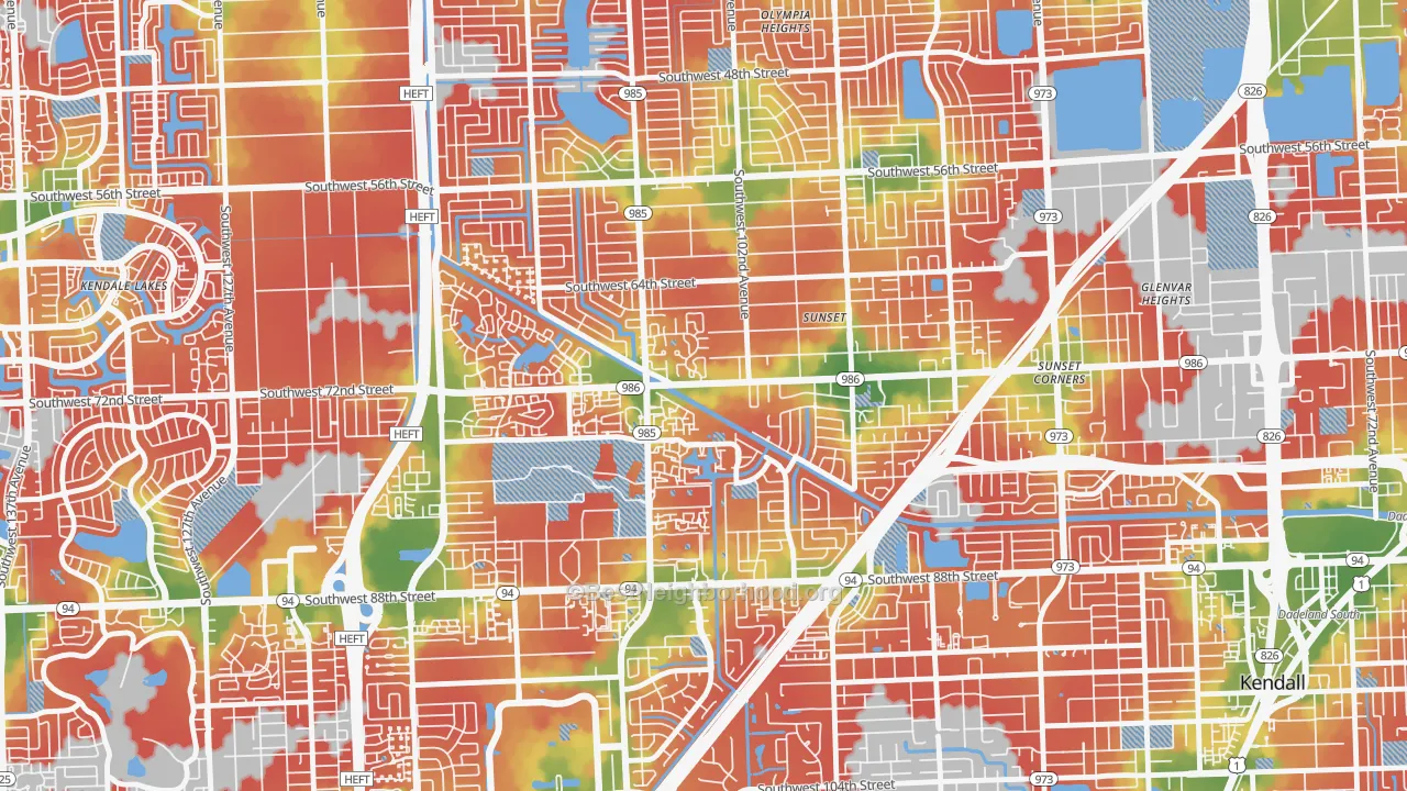 Walk Grade map of 33173, FL, walkable areas in green and car-dependent areas in red