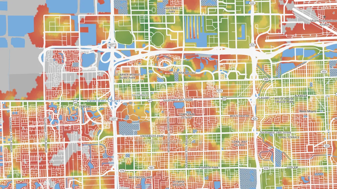 Walk Grade map of 33174, FL, walkable areas in green and car-dependent areas in red