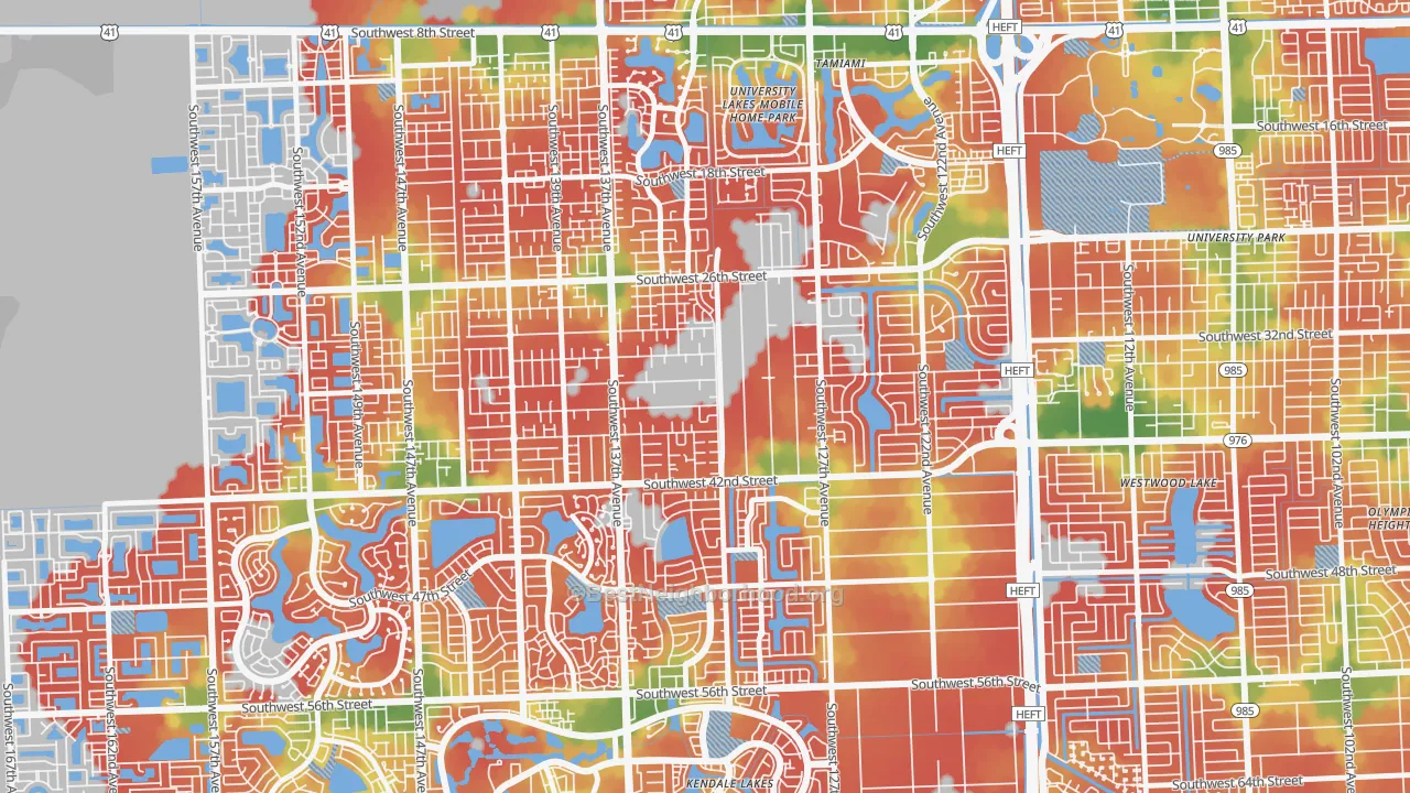 Walk Grade map of 33175, FL, walkable areas in green and car-dependent areas in red