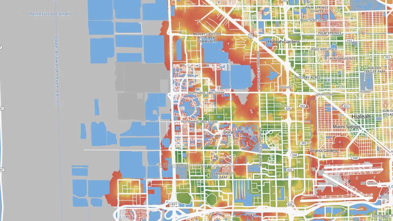Walk Grade map of 33178, FL, walkable areas in green and car-dependent areas in red