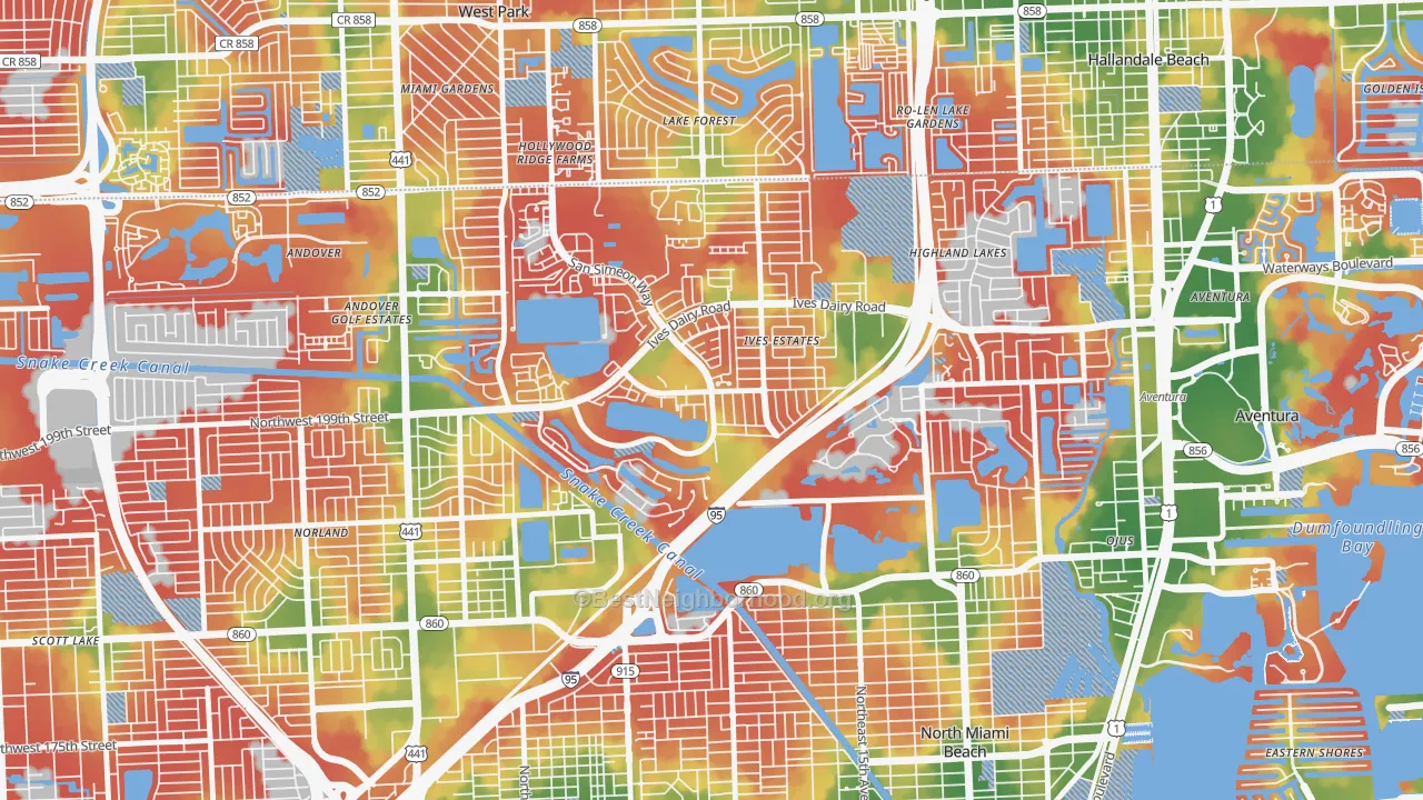 Walk Grade map of 33179, FL, walkable areas in green and car-dependent areas in red