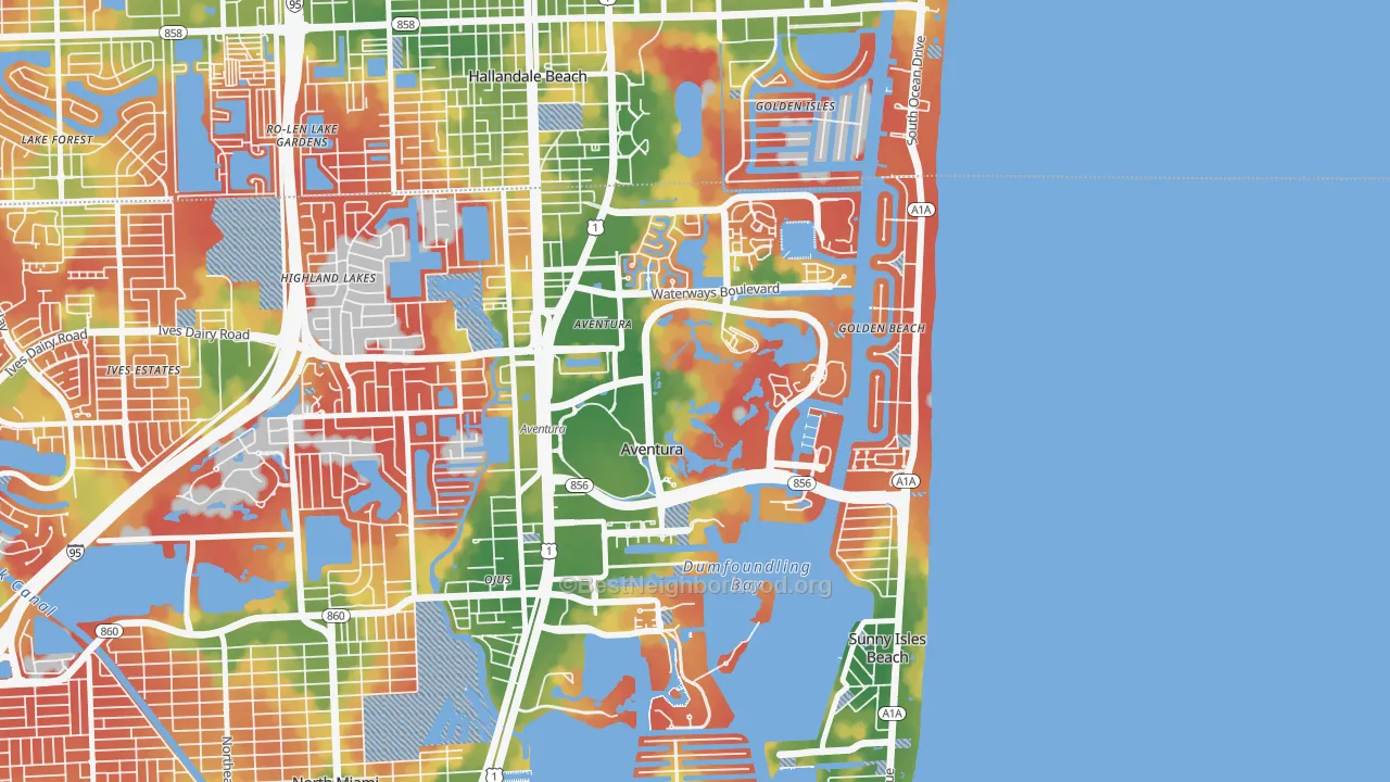 Walk Grade map of 33180, FL, walkable areas in green and car-dependent areas in red