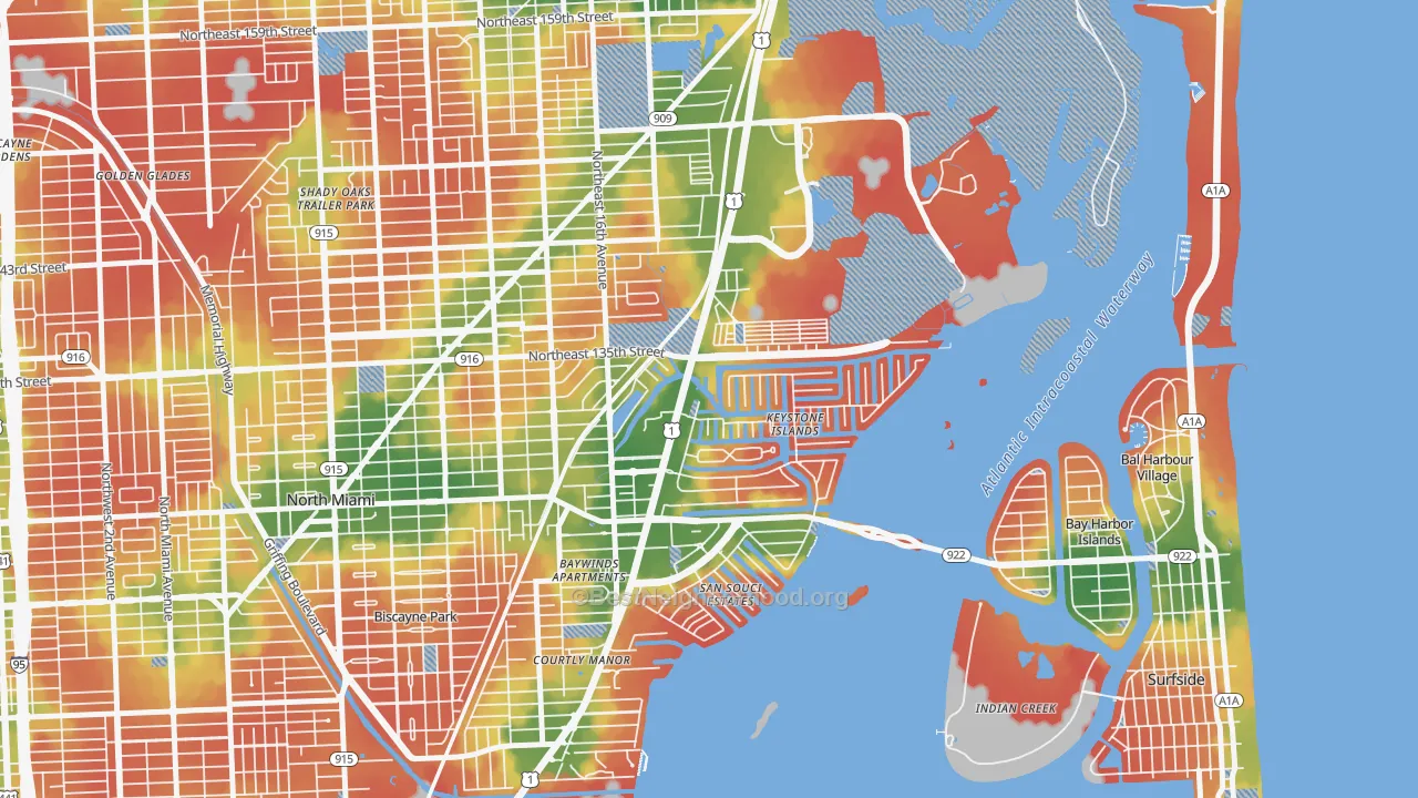 Walk Grade map of 33181, FL, walkable areas in green and car-dependent areas in red