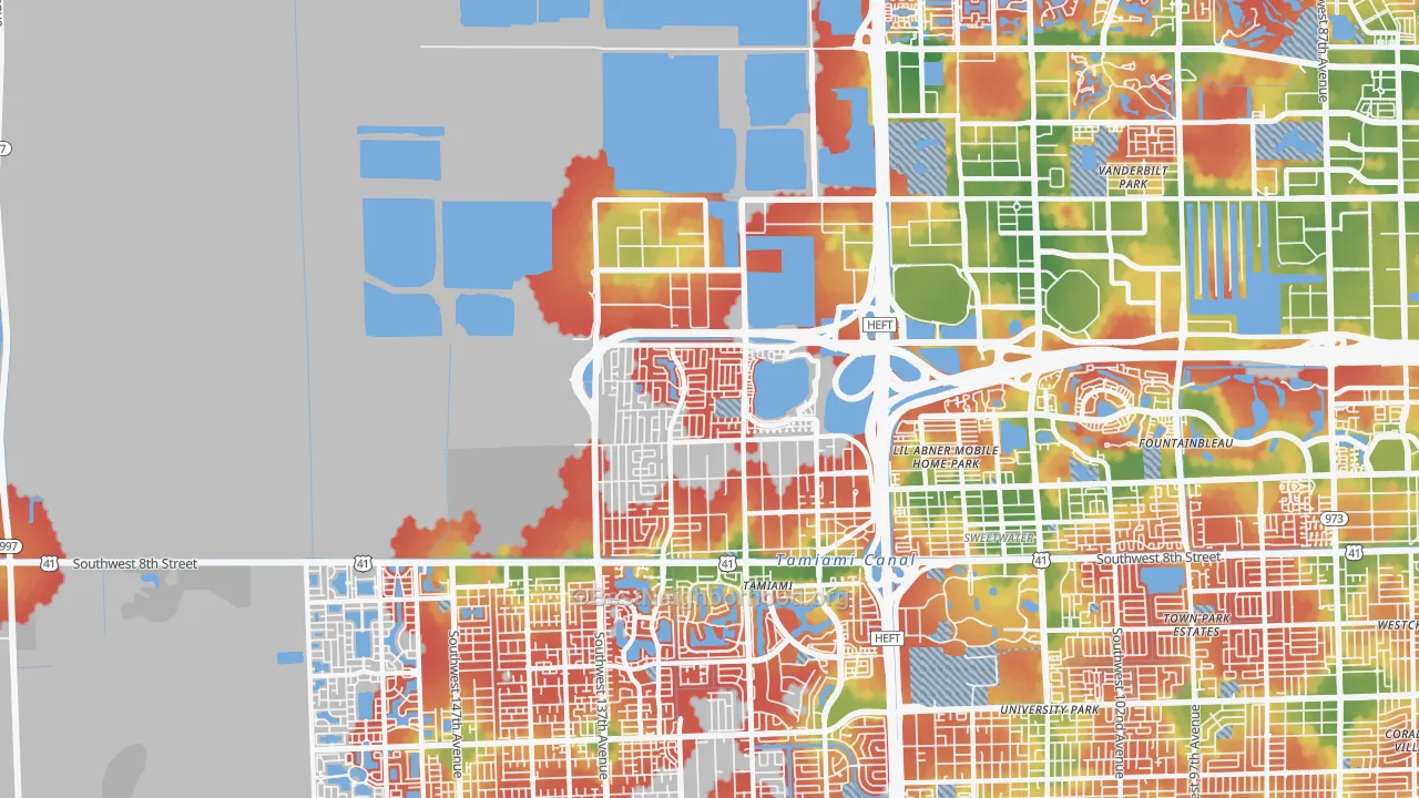 Walk Grade map of 33182, FL, walkable areas in green and car-dependent areas in red