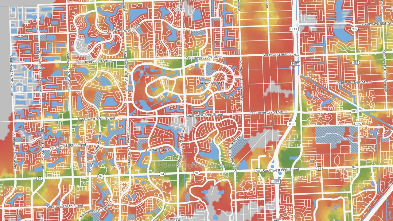 Walk Grade map of 33183, FL, walkable areas in green and car-dependent areas in red